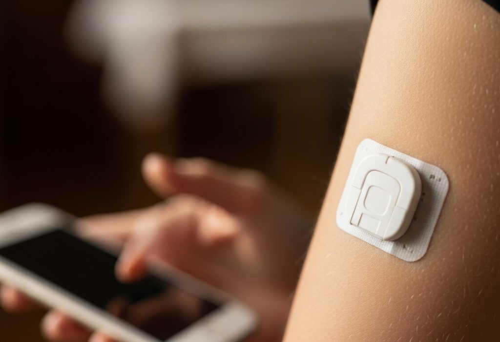 Close up of a person's arm with a continuous glucose monitor attached and a smartphone in hand.