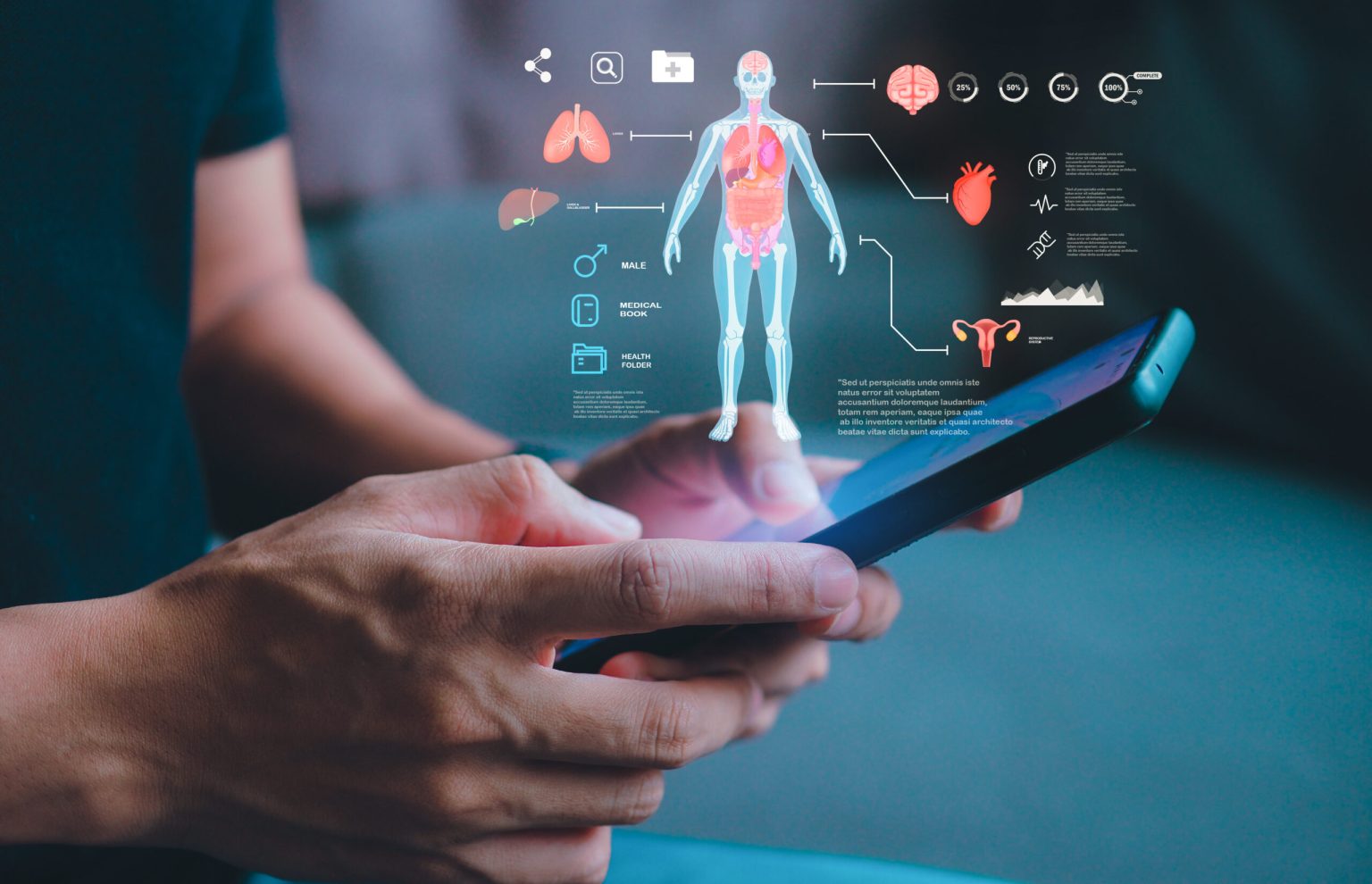 Health and Medical Technology with Digital Healthcare Icons: Medical Records, Insurance, Patient Care, Medicine, Modern Medical Technology, and Health Services for Advanced Healthcare Solutions